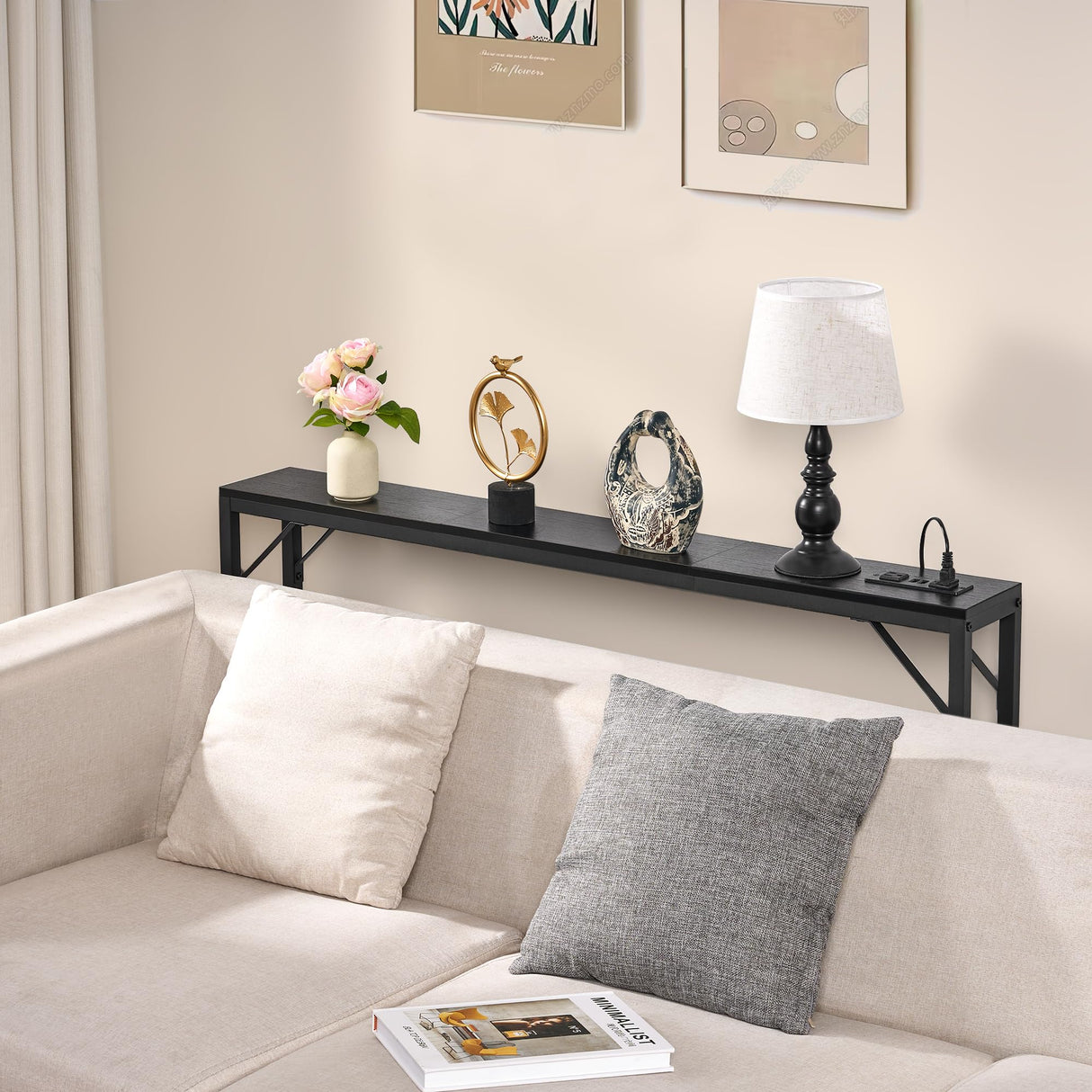 HOMCENES 5.9" Narrow Console Sofa Table with Power Outlets and USB Ports, Skinny Sofa Table with Charging Station, Slim Behind Couch Table, Entryway Display Shelf, for Living Room HOMCENES