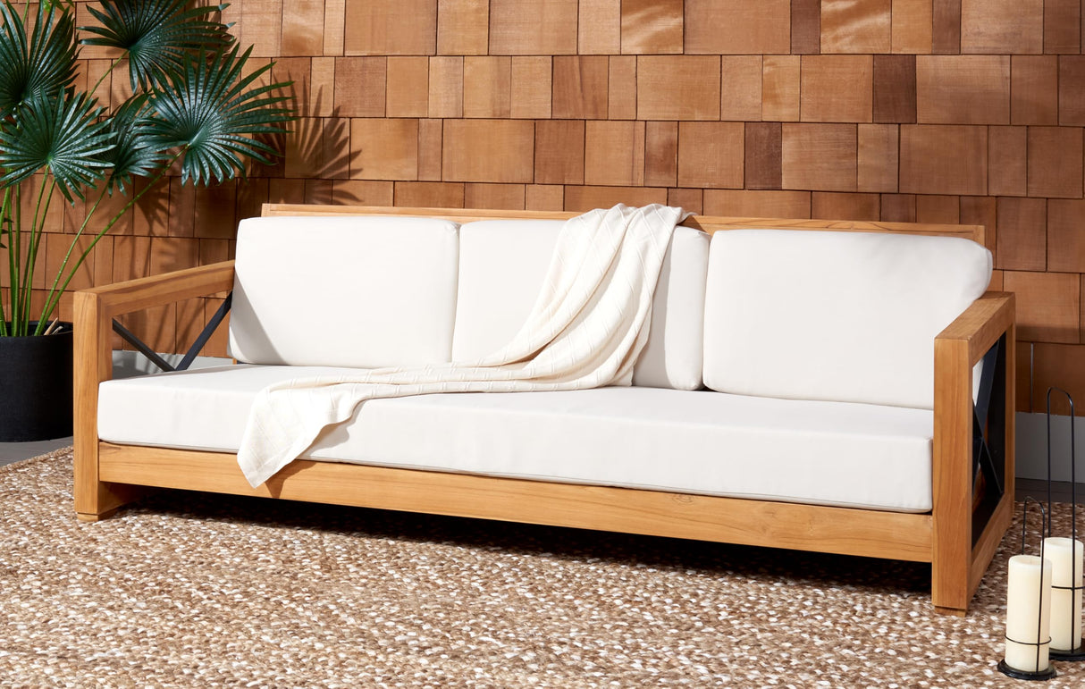 SAFAVIEH CPT1010A Couture Curacao Brazilian Teak Outdoor 3-Seat Patio Sofa, Natural/White SAFAVIEH