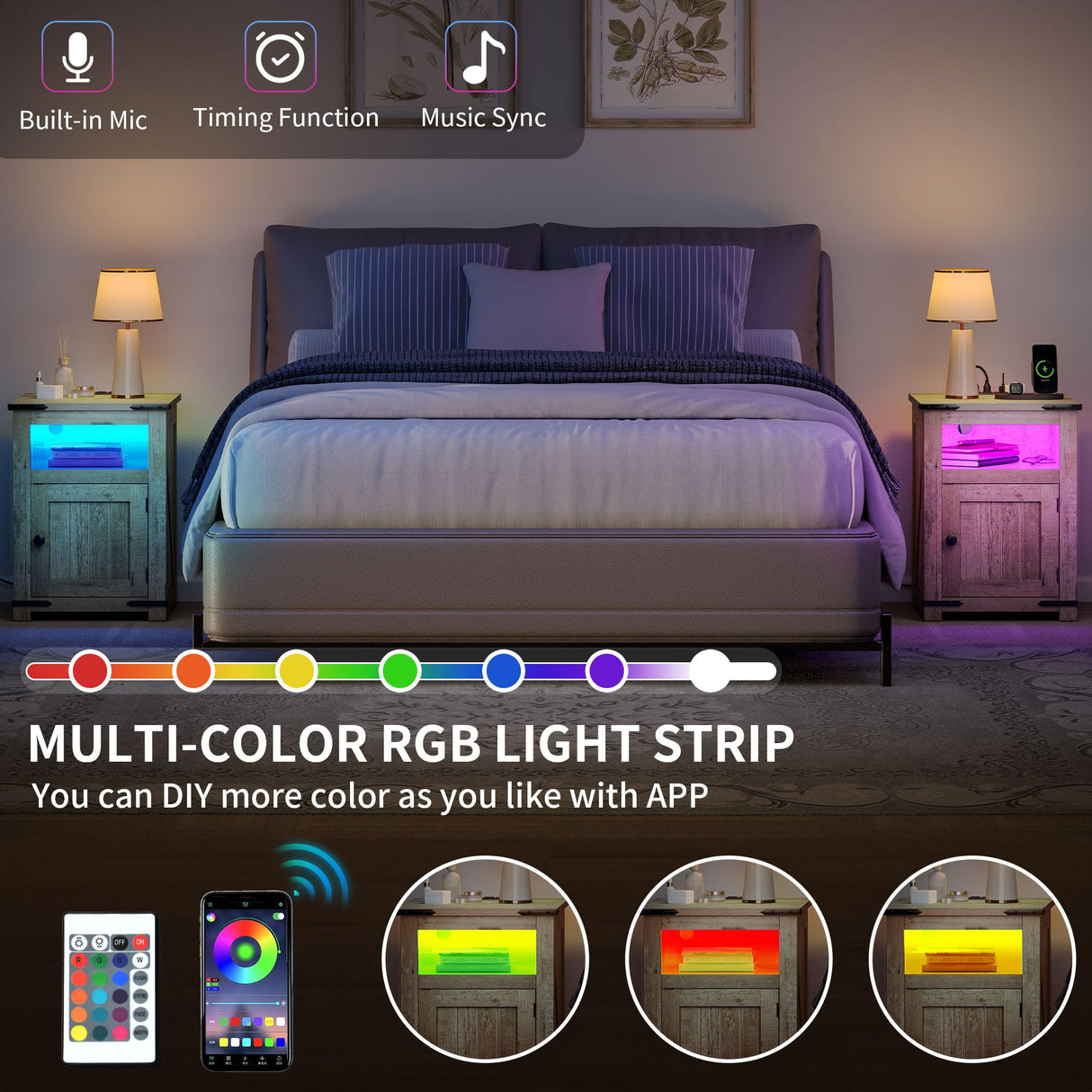 YITAHOME Farmhouse End Table with Charging Station, Nightstand Side Table Coffee Table with LED Lights Adjustable Shelf, End Table with Storage for Living Room, Bedroom, Old Oak YITAHOME