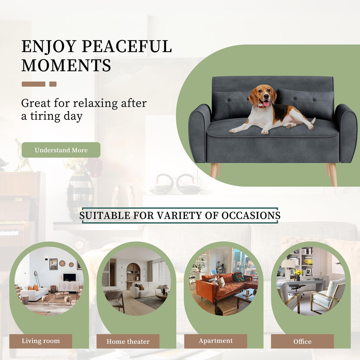 Vongrasig 47" Small Modern Loveseat Sofa, Mid Century Linen Fabric 2-Seat Couch Tufted Love Seat with Back Cushions and Tapered Wood Legs for Living Room, Bedroom and Small Space (Dark Gray) Vongrasig