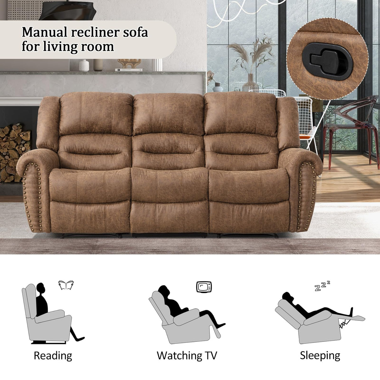 CANMOV Faux Leather Manual Recliner Sofa Set, Manual Recliner Chair, Reclining Loveseat and 3-Seat Sofa for Living Room,Bedroom Furniture, Office,Nut Brown CANMOV