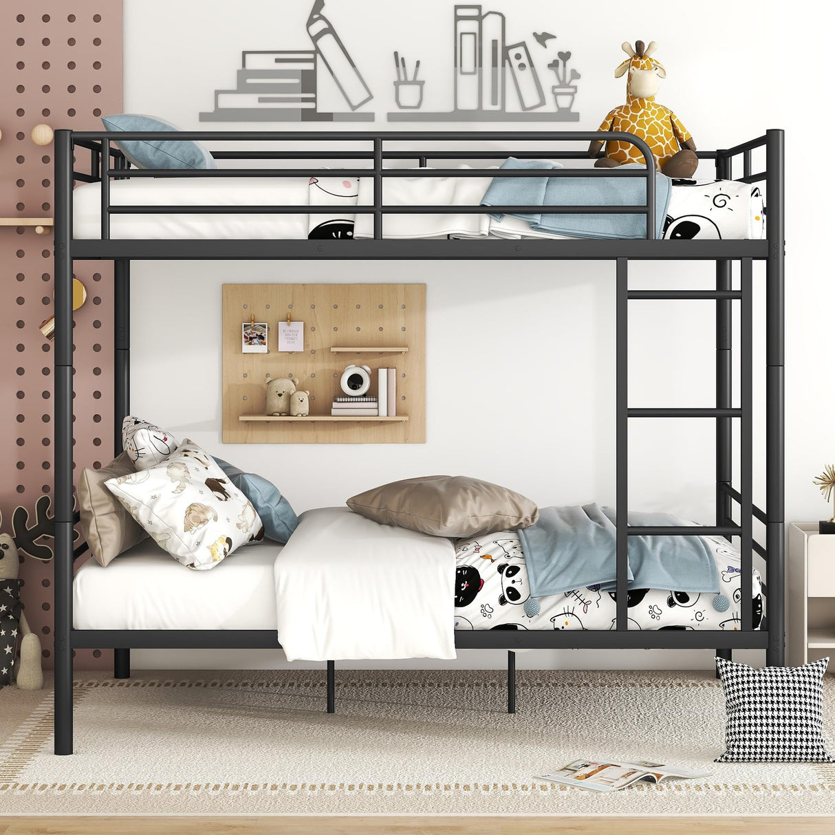 Merax Full Over Full Metal Bunk Bed with Ladder and high Guardrail, Able to Split, Storage Space, No Box Spring Needed, Noise Free, Black Merax