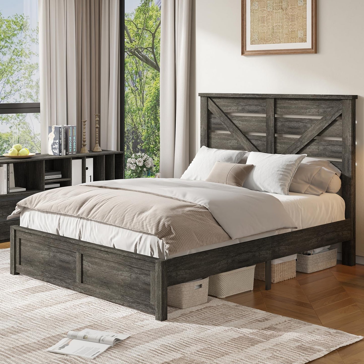 LUXOAK Full Size Farmhouse Wooden Bed Frame, Platform Bed Frame with 49.2" Headboard/No Box Spring Needed/Noisy Free/Easy Assembly/Grey - WoodArtSupply