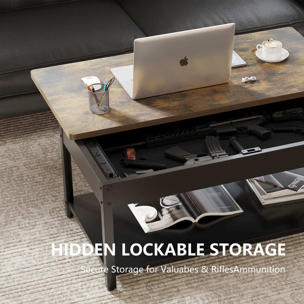 Hidden Gun Storage Safe for Rifles and Pistols, Biometric Fingerprint Gun Safe for Jewelry Money and Ammo, Use as Coffee Table (Honey Brown) Xyvaly