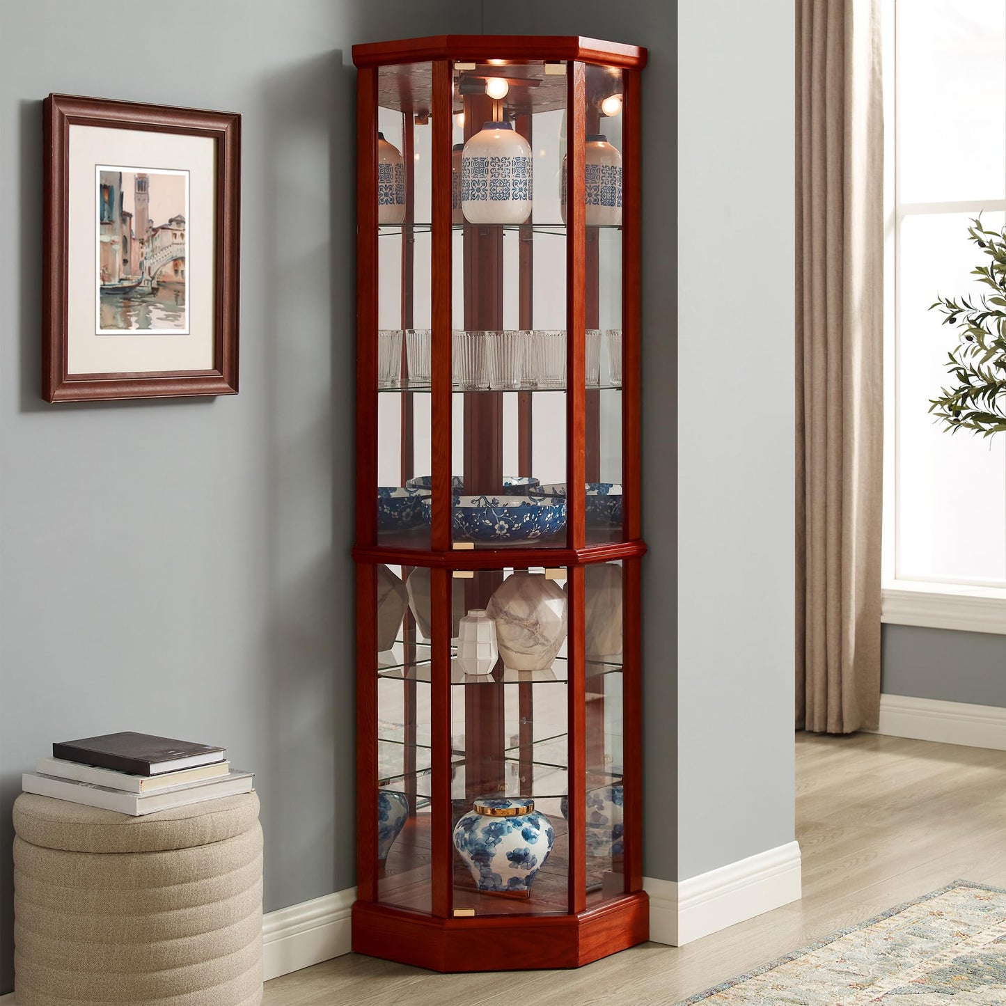 HomJoones Lighted Corner Display Curio Cabinet, 70" Tall Wooden Curved Shelving Unit with Tempered Glass Door, Bar and Liquor Storage Area with 6 Shelves (Cherry) - WoodArtSupply