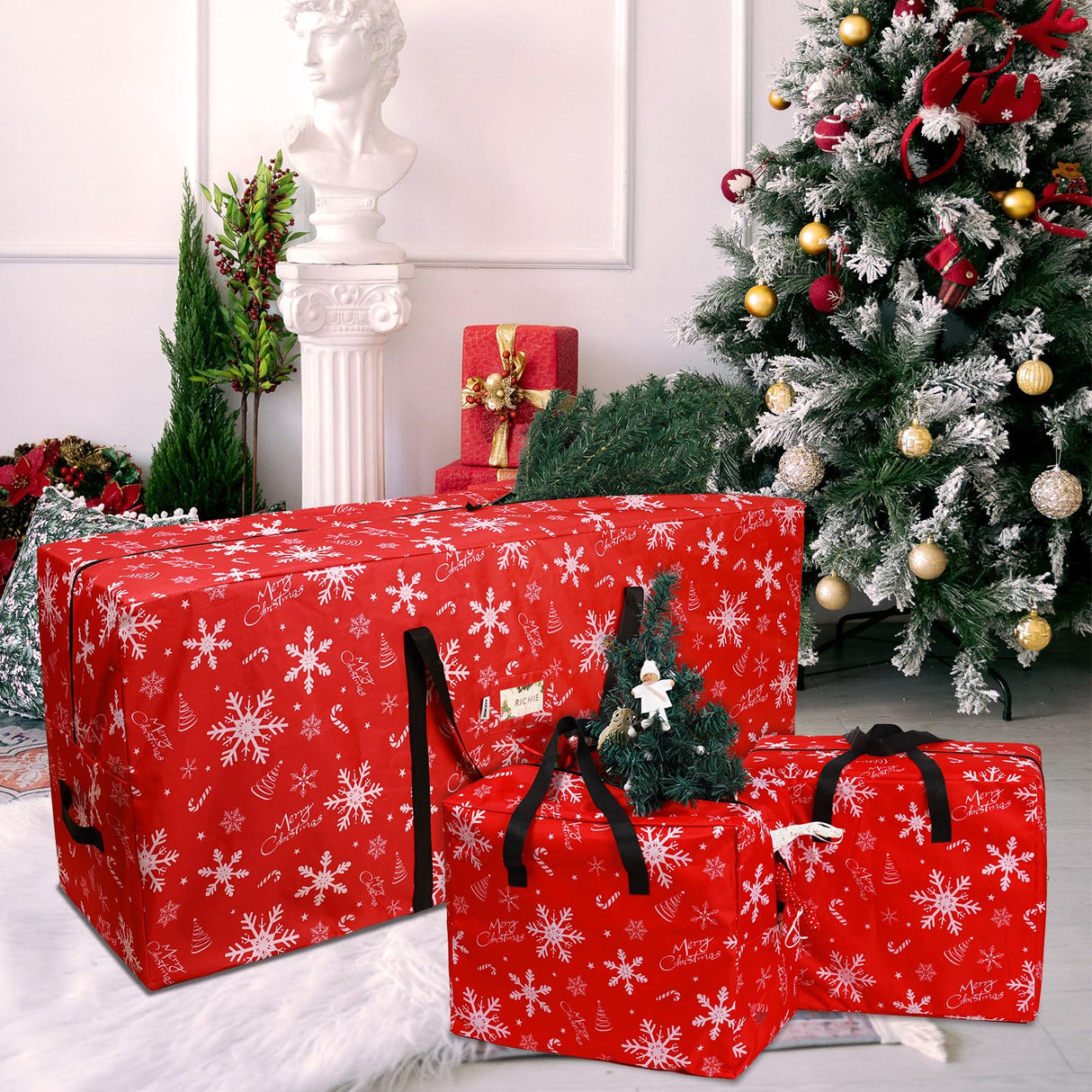 RICHIE Christmas Tree Storage Bag 9ft (3pc Set), 600D Oxford Tear-proof Xmas Tree Bag, Fits Up to 9 Foot Artificial Trees, Reinforced Handles & Zippered & Durable, Holiday Decoration Storage Bags, Red RICHIE