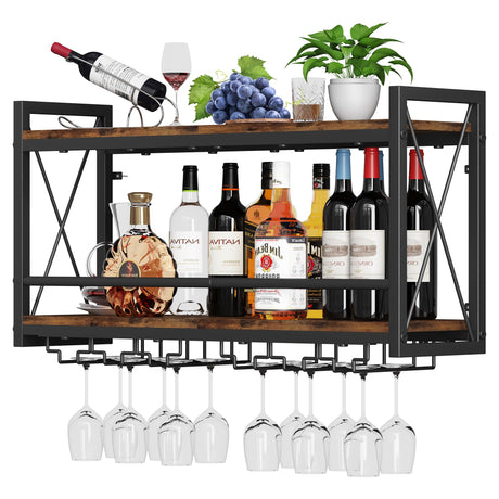 Homeiju Wall Mounted Wine Rack, Bottle & Glass Holder Wood-Metal Retro Wine Rack, Wine Bottles Display Wall Storage for Kitchen Dining Room Home Bar Homeiju