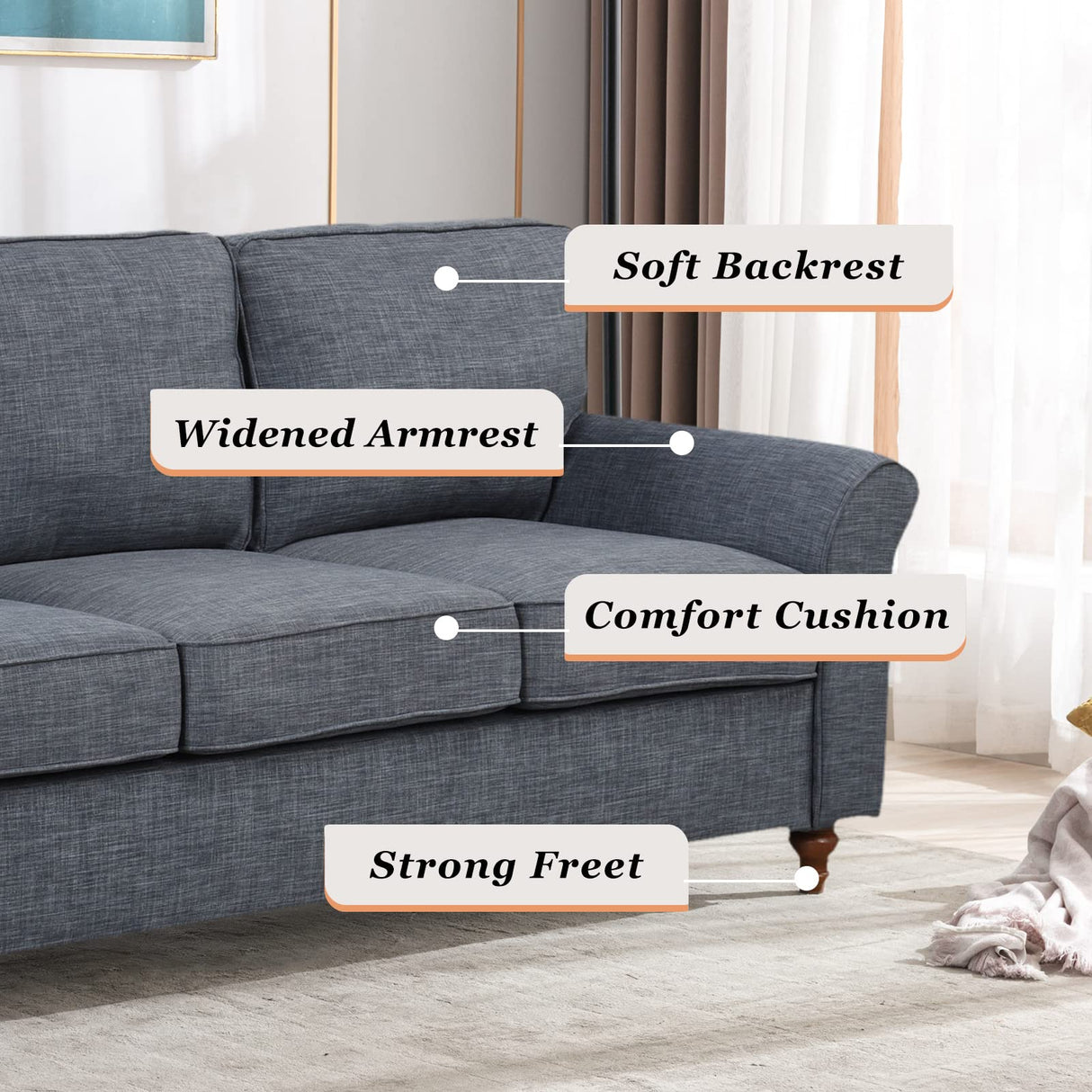 EBELLO Modern Linen Fabric Loveseat Sofa, Upholstered 2-seat Sofa Couch Wood Frame and Sturdy Legs for Living Room Bedroom Office, Dark Blue EBELLO