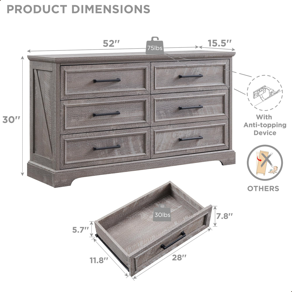 ACCOHOHO Farmhouse 6 Drawer Dresser for Bedroom, 52 Inch Wide Modern Dresser TV Stand with Large Drawers & Bar Handles, Rustic Wood Dresser Chest of Drawers for Bedroom, Living Room, Hallway, Grey ACCOHOHO