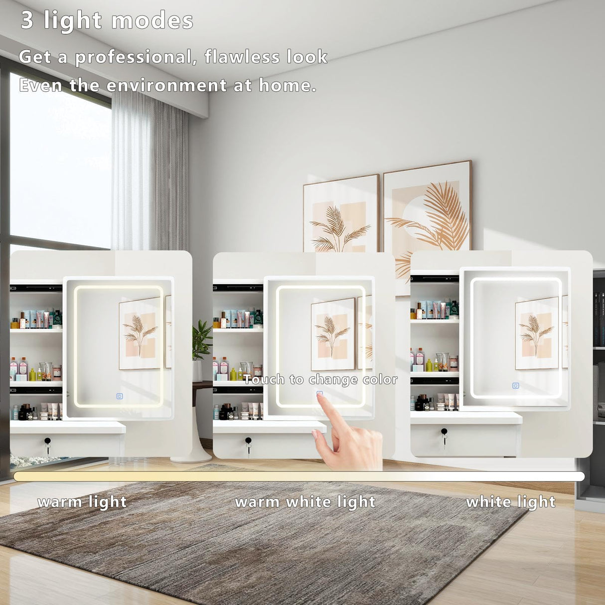 MONGMON Vanity Desk with Mirror and Lights, 3 Lighting Modes, European Style Dressing Table with Drawers, with Open Storage Shelves,Makeup Vanity Table for Bedroom,Gifts for Girls and Women, White MONGMON