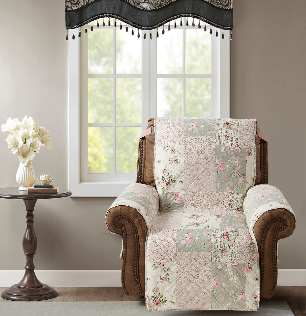 Brilliant Sunshine Traditional Rose and Sage Patchwork Quilted Recliner Slipcover, 26" Seat Width, Slip Resistant Furniture Protector, 2" Strap, Washable Reclining Chair Cover for Dogs, Cats,Rose Sage Brilliant Sunshine
