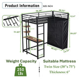 PVWIIK Twin Size Loft Bed with Desk and Bookcase for Kids Adults,Loft Bed with USB Ports and Shelves for Dorm,Bedroom,Guest Room, Noise Free No Box Spring Needed,Black PVWIIK