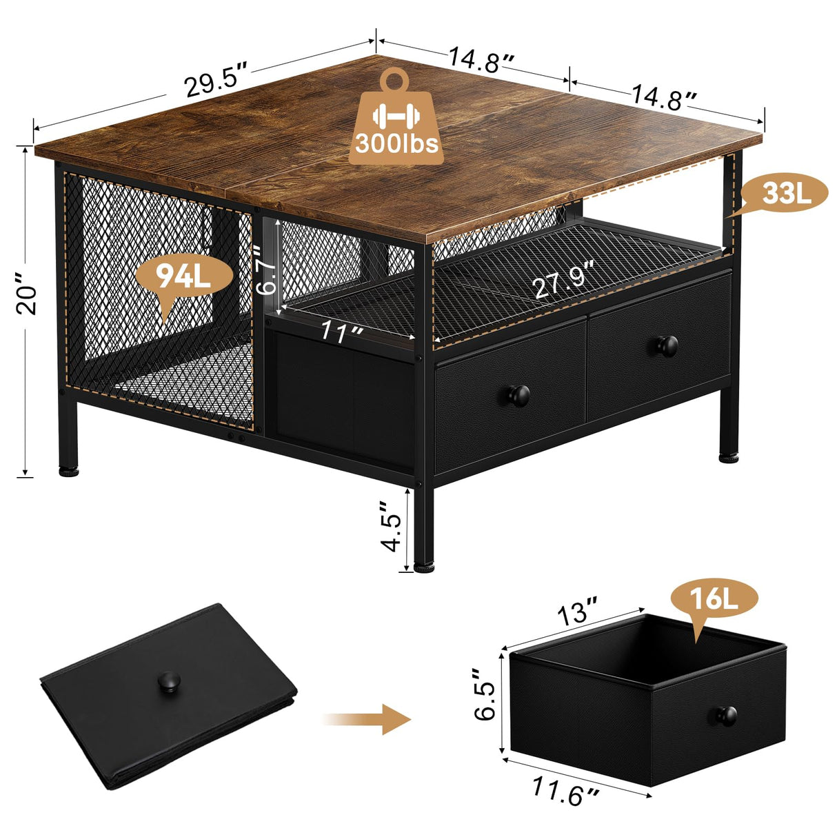 FABATO Flip Top Coffee Table, Square Coffee Tables Metal Wood, Farmhouse Lift Up Coffee Table Cocktail Table with Wire Mesh Barn Door and Storage, Steel Frame, Small Tea Table for Living Room, Black FABATO