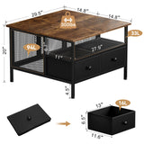 FABATO Flip Top Coffee Table, Square Coffee Tables Metal Wood, Farmhouse Lift Up Coffee Table Cocktail Table with Wire Mesh Barn Door and Storage, Steel Frame, Small Tea Table for Living Room, Black FABATO