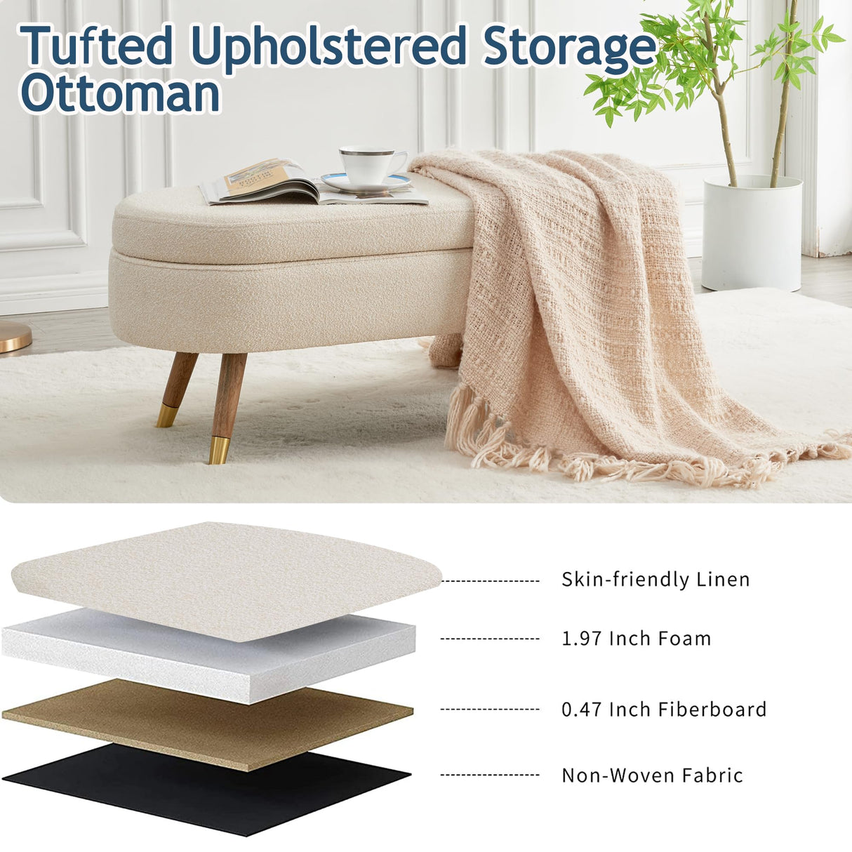 IAFIKE Oval Storage Bench 43.5" Ottoman Bench Upholstered Boucle Fabric Footrest Bench with Golden Metal Legs End of Bed for Bedroom, Living Room, Entryway,Bed Side (Beige) IAFIKE