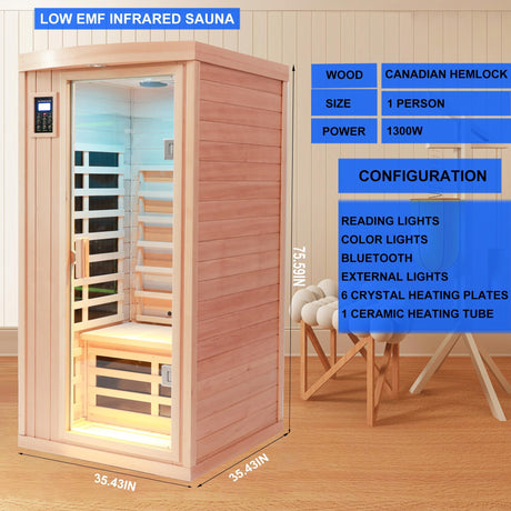 KUNSANA Ceramic 1 Person Infrared Sauna Far Infrared Saunas for Home Hemlock Wood Indoor Sauna Room 2 in 1 Sauna with Low EMF Heaters + Ceramic Heating Cube-Chromotherapy-Bluetooth Speaker KUNSANA