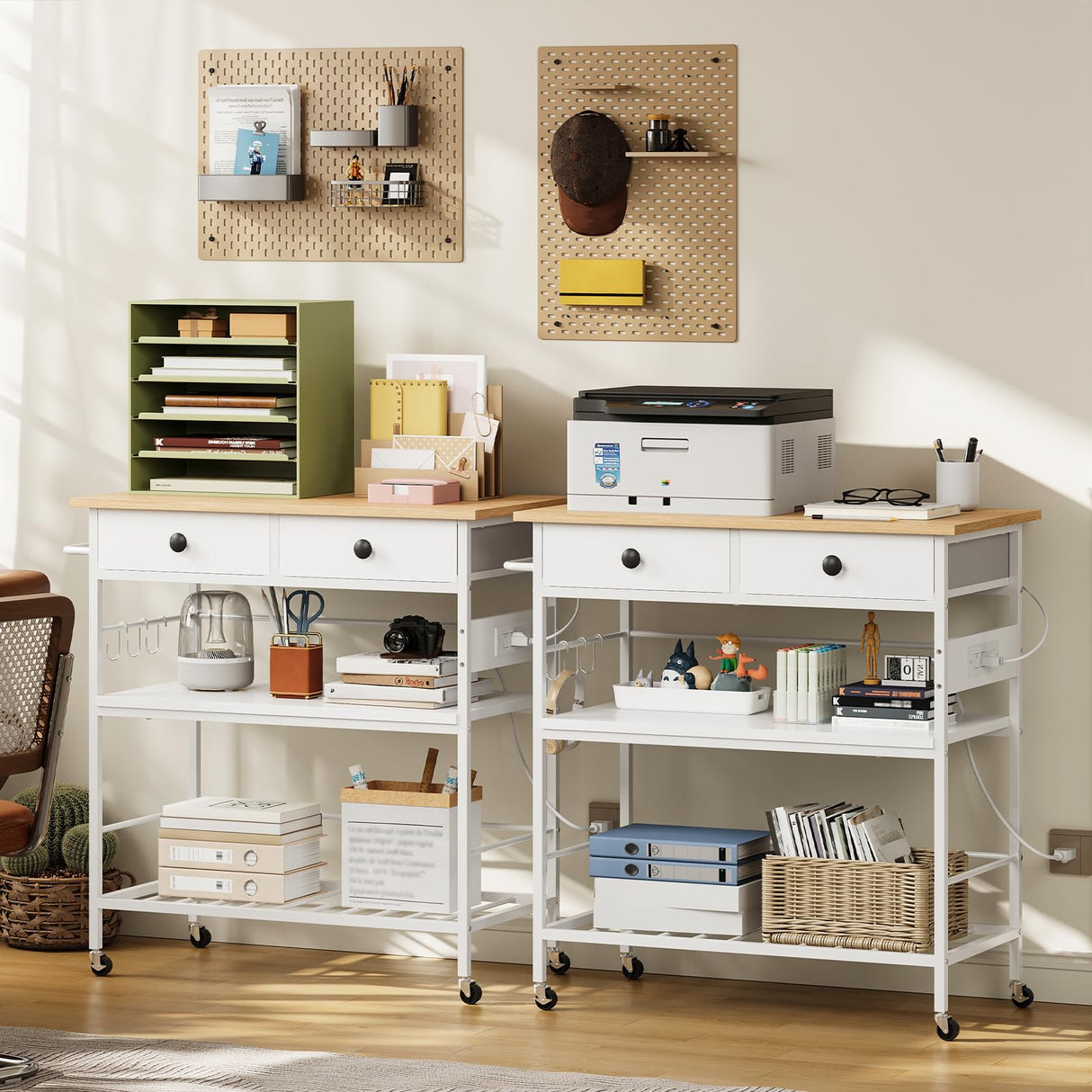 HOOBRO Kitchen Island with Storage, Rolling Island Cart for Kitchen with 2 Drawers & Outlet, 3 Tier Coffee Station and Microwave Stand, Kitchen Island Table for Home, Natural and White WN08UZD01 HOOBRO