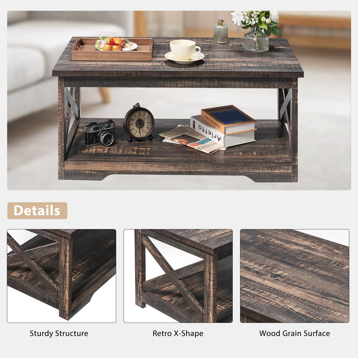 AMERLIFE 4-Piece Farmhouse Table Set Includes Sliding Barn Door TV Stand, Coffee Table& Two End Tables, Side Table with Charging Station and USB Ports, for Living Room, Dark Oak, 66" AMERLIFE