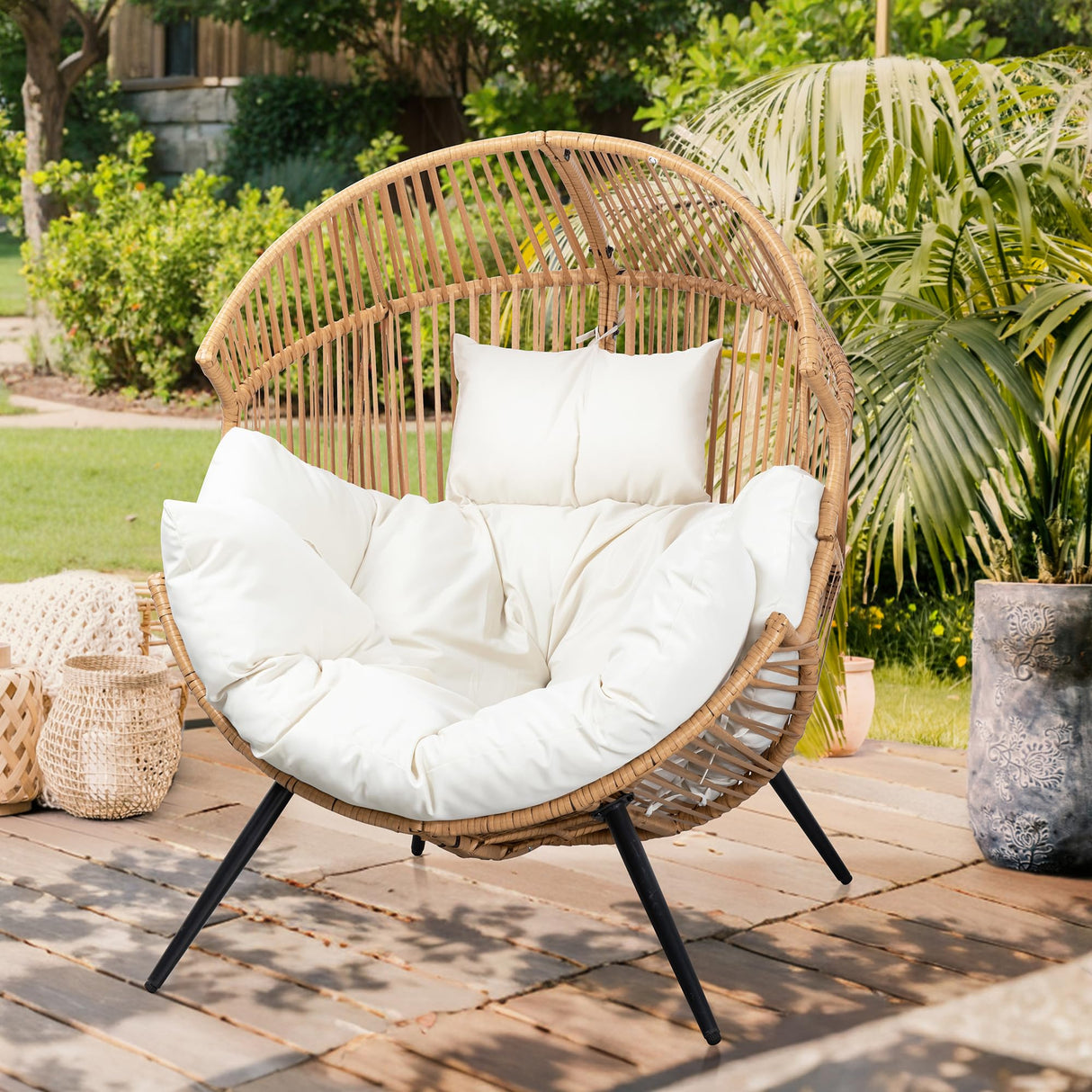 Vongrasig Wicker Egg Chair PE Rattan Chairs with Cushion, Oversized Patio Lounge Chair for Indoor, Outdoor, Balcony, Backyard, Garden, Living Room, Beige Vongrasig