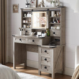 T4TREAM 48'' Farmhouse Makeup Vanity Desk with Sliding HD Mirror and Lights, Big Modern Lighted Vanity Table with 7 Drawers & Shelves, Rustic Large Dressing Table for Bedroom, Light Rustic Oak T4TREAM