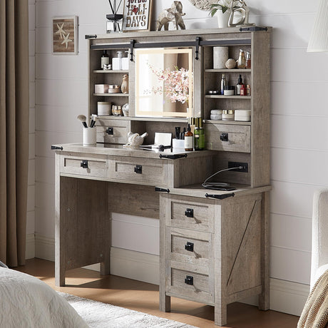 T4TREAM 48'' Farmhouse Makeup Vanity Desk with Sliding HD Mirror and Lights, Big Modern Lighted Vanity Table with 7 Drawers & Shelves, Rustic Large Dressing Table for Bedroom, Light Rustic Oak T4TREAM