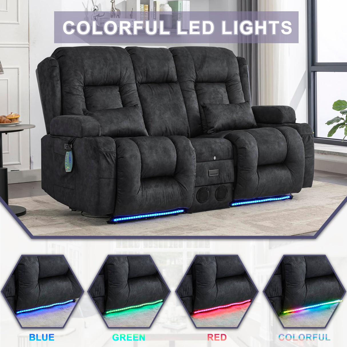 URRED Loveseat Recliner Sofa with Massage and Heat, Power Reclining Loveseat Sofa RV Couch with Console, Home Theater Seating with LED Lights, Bluetooth Speakers, USB, Outlets, Velvet, Dark Grey URRED