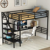 Twin Loft Bed with Desk and Storage Stairs, Heavy Duty Metal Loft Bed with Stairs and Full-Length Guardrail, Twin Loft Bed with Slats No Box Spring Needed(Twin Loft Bed Black) Bellemave