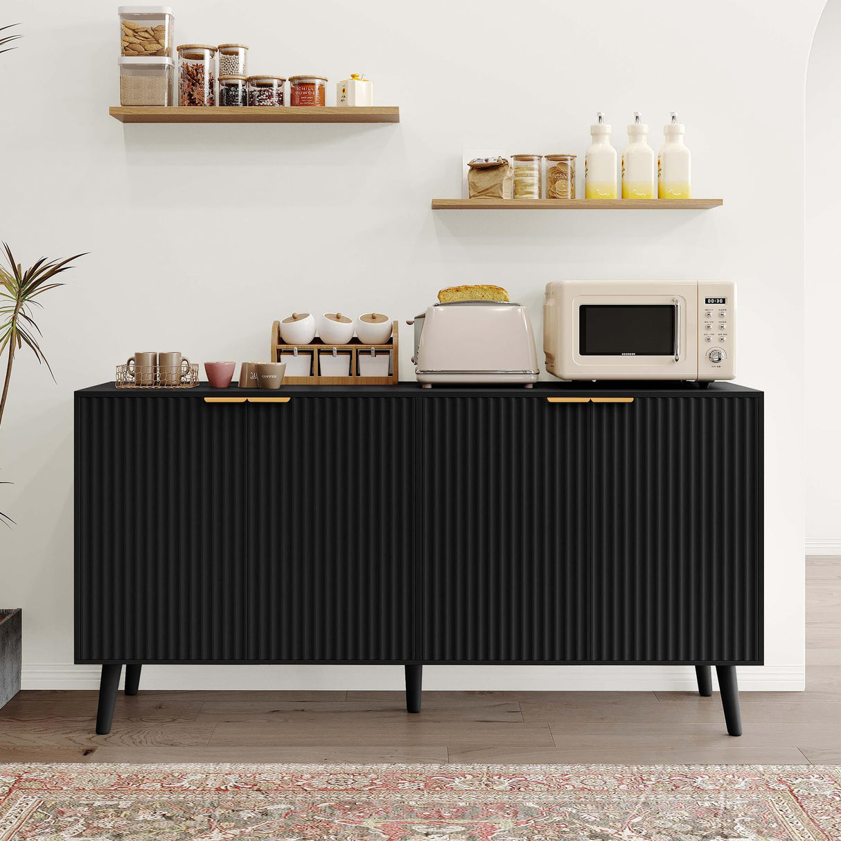 Luoxiao Modern Scandinavian Fluted Black Sideboard Buffet Cabinet with Adjustable Shelves Luoxiao