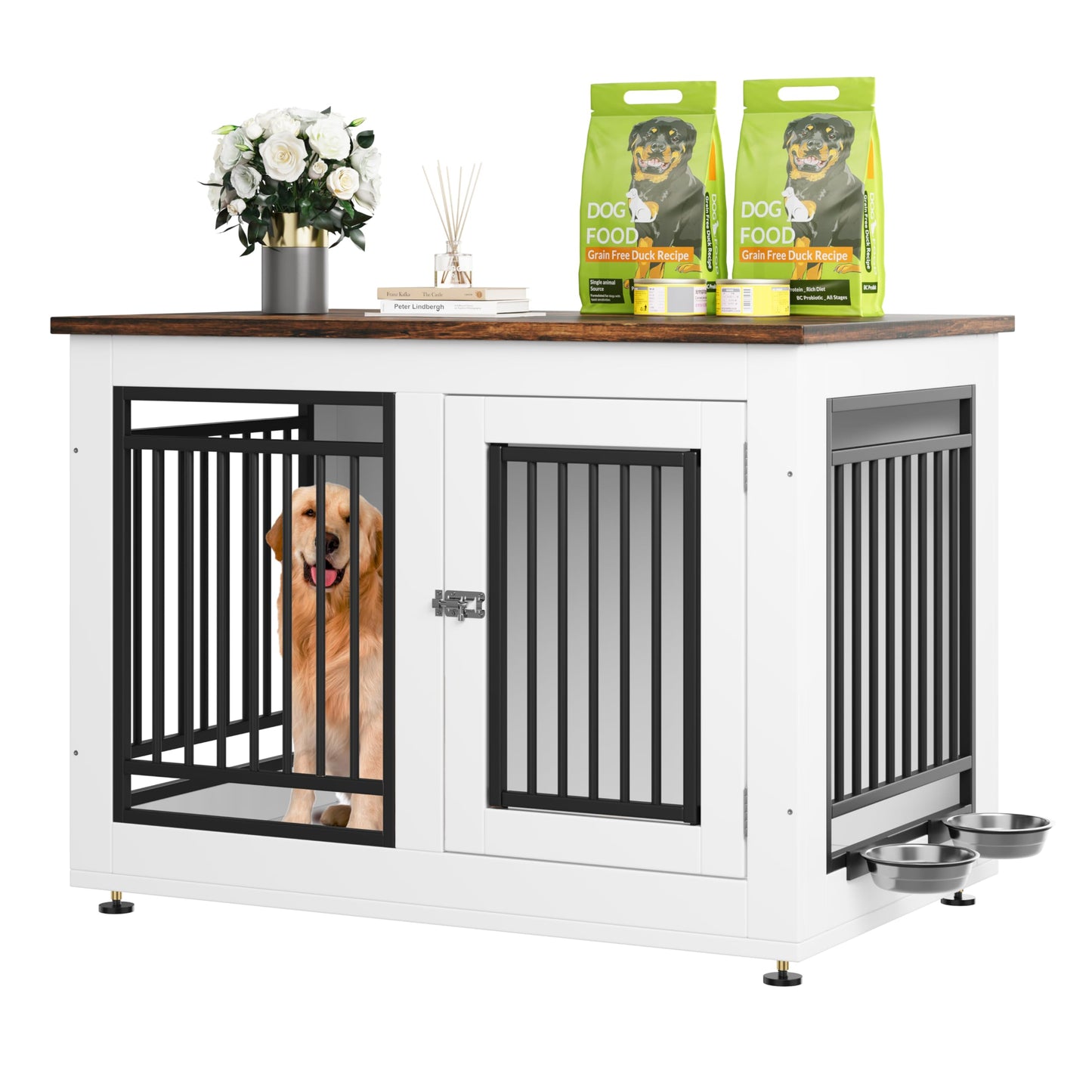 YITAHOME 39" Dog Crate Furniture, Wooden Dog Crate End Table for Large Dogs up to 70 lbs, Indoor Double Door Dog Crate with Adjustable Feet and Removable Bowls(39.7" L x 25" W x 27.9" H)