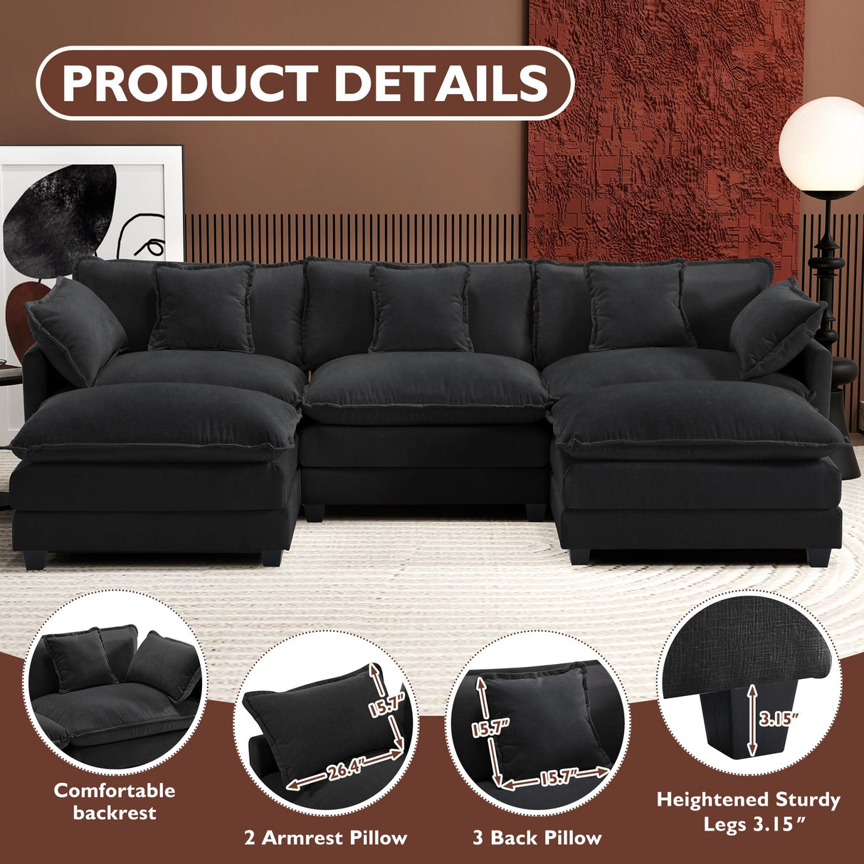 Ihanherry U-Shaped Modern Sofa 111.4" Modular Sectional Cloud Couch with 2 Ottoman, 5-Seat Chenille Deep Seat Sofa with 5 Pillows for Living Room, Black Ihanherry