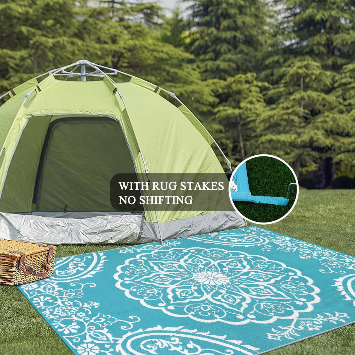 Pauwer Waterproof Outdoor Rug 5x8, Reversible Plastic Straw Patio Camping Rug, Indoor Outdoor RV Mat Carpet for Deck, Camper, Porch, Balcony, Backyard, Picnic, Boho Teal Pauwer