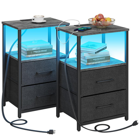 TUTOTAK LED End Table with Charging Station, Nightstand with Cloth Drawer, Side Table with 1 USB Port and 1 Type-C port, set of 2, Couch Table, Charcoal Grey TB01BY052L TUTOTAK
