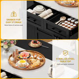 DWVO Kitchen Island w Stainless Steel Top Drop Leaf Bar Seating Power Outlet, 47" Portable Rolling Mobile Center Islands w Folding Dropleaf Storage Drawer Cabinet Wheel Counter Height Metal Top, Black DWVO