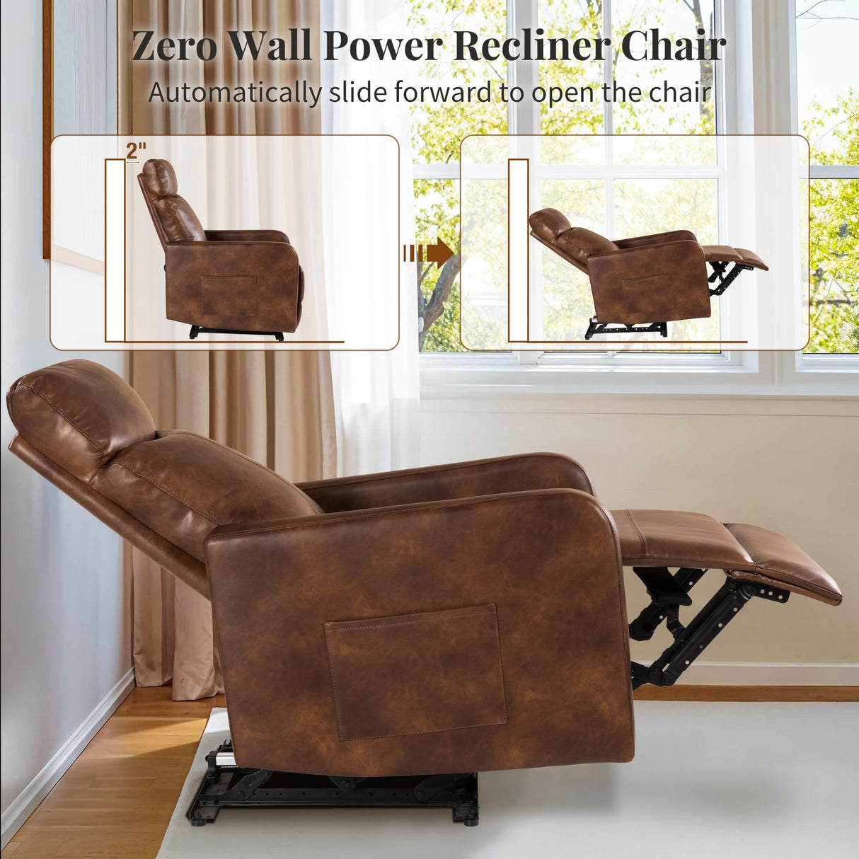Cfvyne Zero Wall Power Recliner Chairs, Small Recliner for Small Spaces and Petite People Man Woman (1, Light Brown Faux Leather) Cfvyne