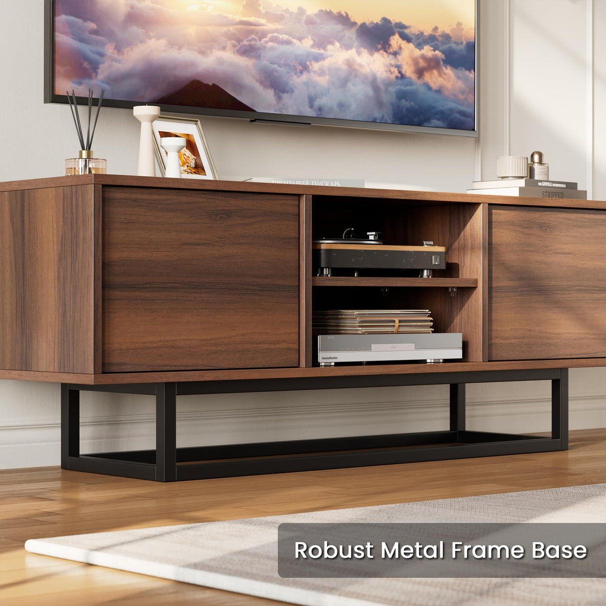 HAIOOU TV Stand for 50 55 Inch TV, Modern TV Console Small Entertainment Center with Sturdy Metal Base, Push-to-Open Doors and Soft-Close Hinges for Living Room, Bedroom - Walnut Brown HAIOOU