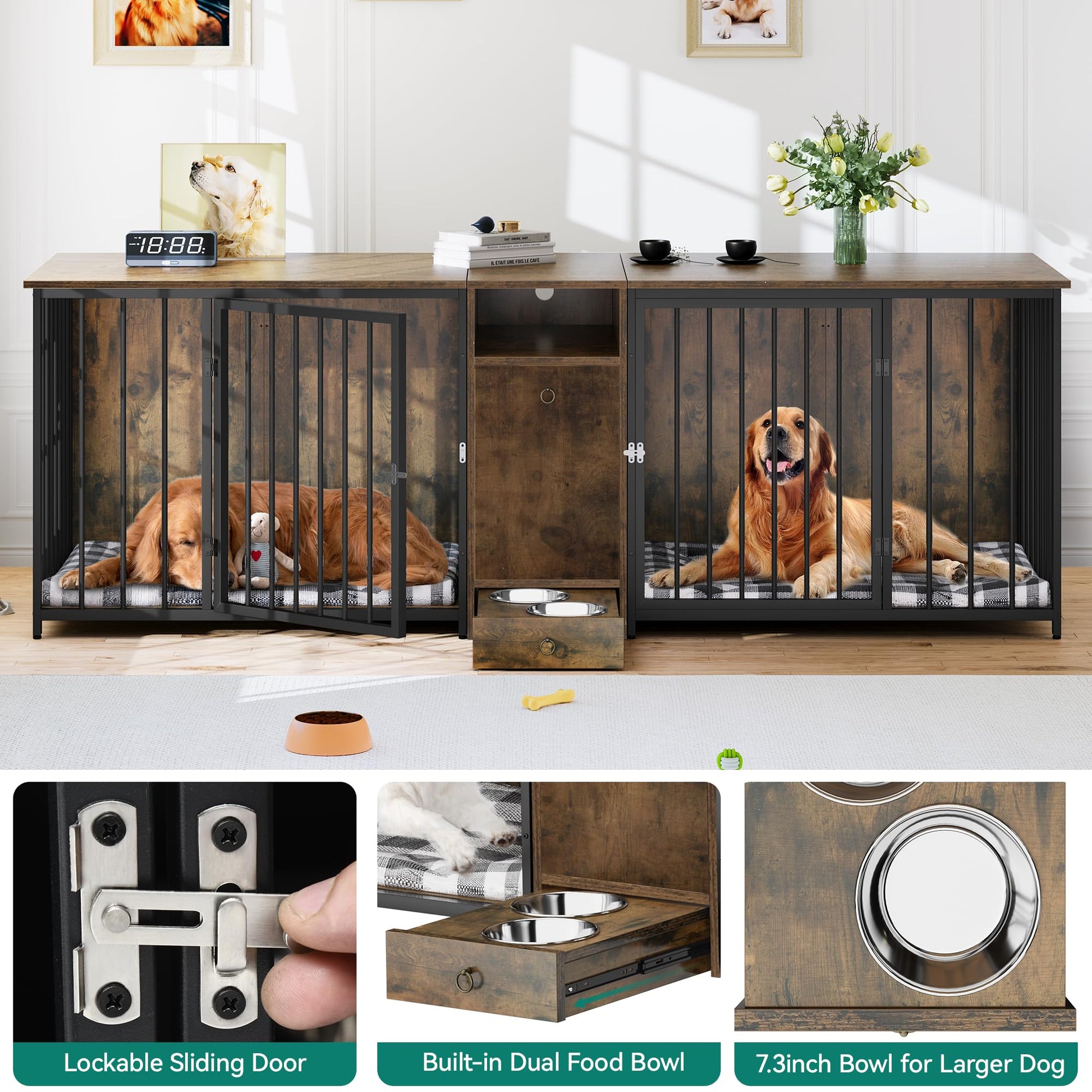 YITAHOME 94.5" Large Dog Crate Furniture with Feeder Bowls, Dog Crate Furniture Large Breed TV Stand with Room Divider and Drawer, Wooden Dog Kennel Furniture for 2 Large/Medium Dogs, Brown - WoodArtSupply