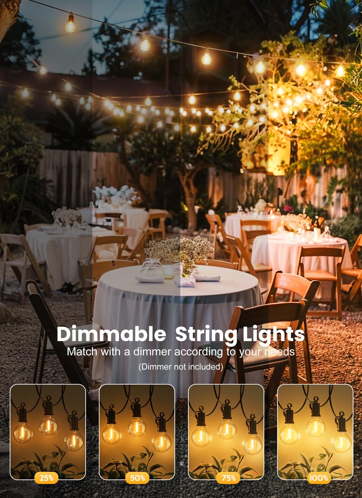 Brightown Outdoor String Lights - Connectable Dimmable LED Patio String Lights with G40 Globe Plastic Bulbs, All Weatherproof Hanging Lights for Outside Backyard Porch (50 ft - 25 LED Bulbs) Brightown