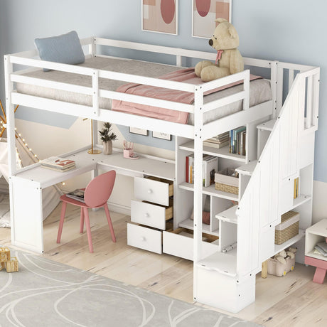 Linique Twin Loft Bed with 3-Drawers L-Shape Desk, Bookcase, Cabinet and Storage Staircase, Solid Wood Twin Bed Frame with Full Length Guardrail (White) Linique