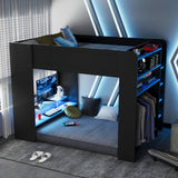 Ball & Cast Full Size Bunk Bed with Height-Adjustable Desk,Wood Gaming Bed w/Wardrobe & Ample Storage Space & RGB Light,Full-Length Guardrails,USB Port,Ladder,Bedroom Furniture for Student Dorms,Blue Ball & Cast