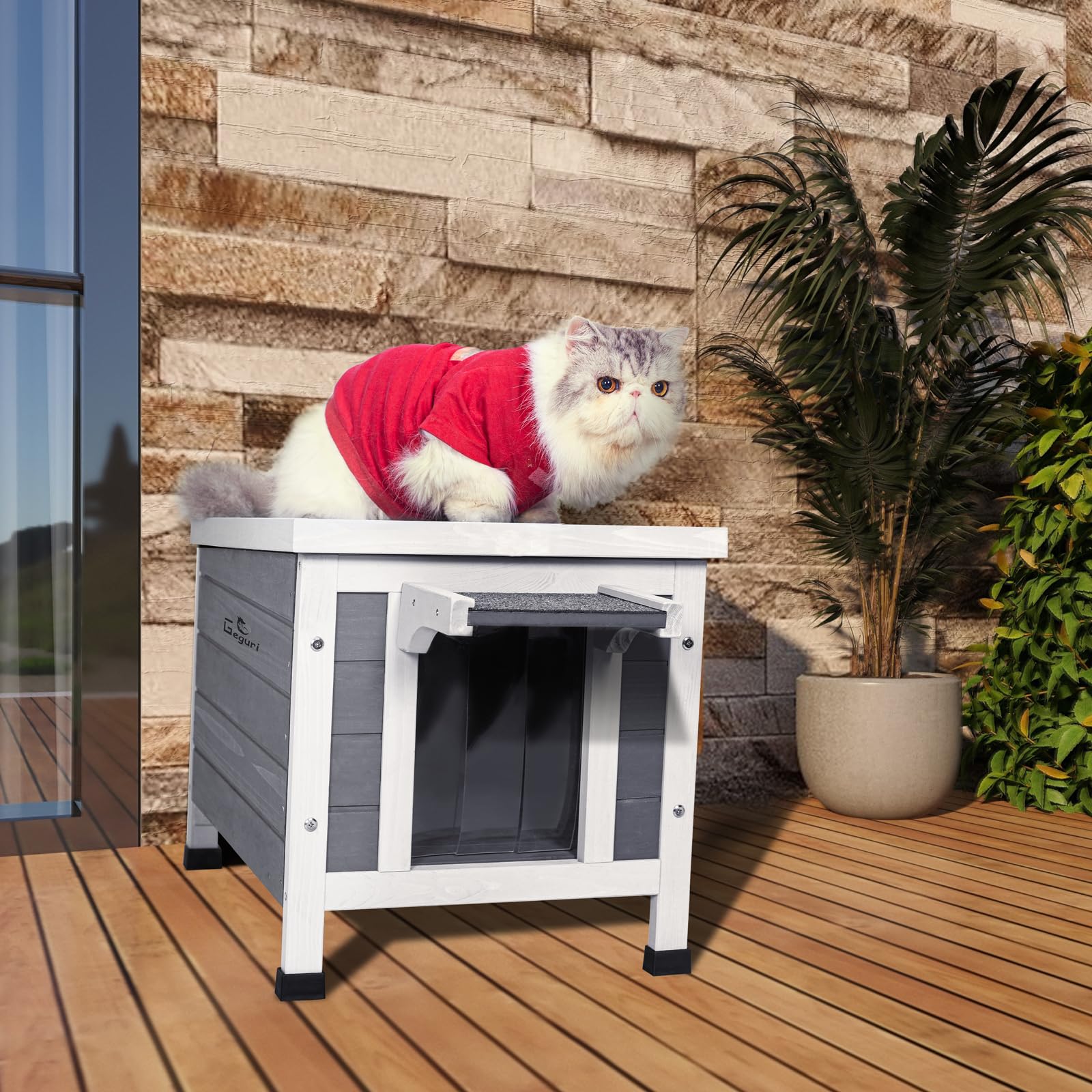 GEGURI Outdoor Cat House, Weatherproof Shelter for Ferrel Cats, Dogs, Rabbits Hutch with Elevated Floor, Asphalt Roof - WoodArtSupply