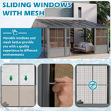 EROMMY 10' x 16' Sunroom, Wall Mounted Gazebo Solarium with Aluminum Frame, Polycarbonate Roof, Permanent Sun Room with Sliding Doors, Lockable PC Screen Walls, Lean to Gazebo for Garden, Patio, Grey EROMMY