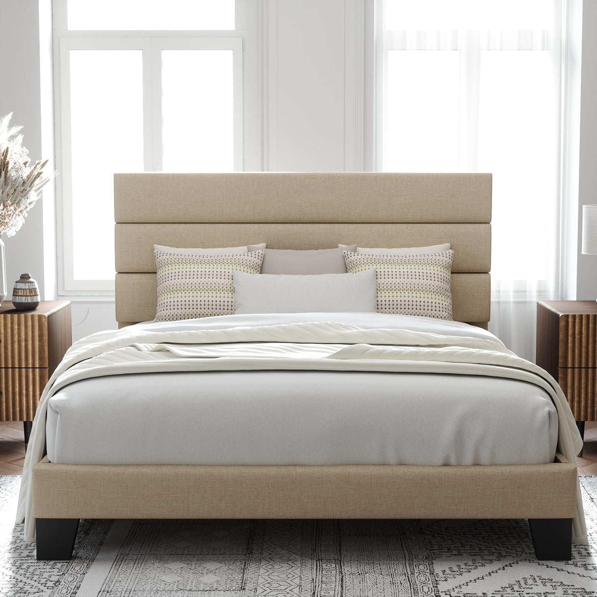 Allewie Queen Size Platform Bed Frame with Fabric Upholstered Headboard and Wooden Slats Support, Fully Upholstered Mattress Foundation/No Box Spring Needed/Easy Assembly, Beige Allewie