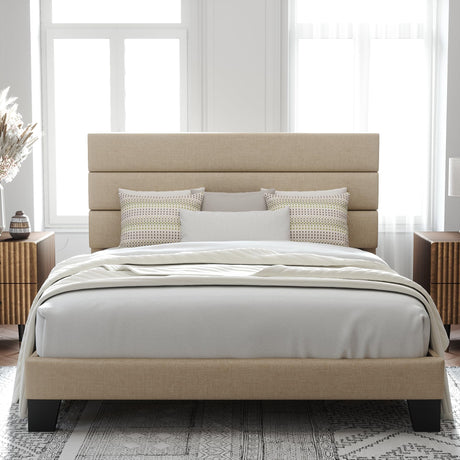 Allewie Queen Size Platform Bed Frame with Fabric Upholstered Headboard and Wooden Slats Support, Fully Upholstered Mattress Foundation/No Box Spring Needed/Easy Assembly, Beige Allewie