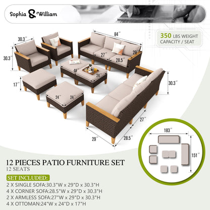 Sophia & William Large Outdoor Patio Furniture Set High Back 12 Piece Wicker Rattan Patio Sectional Sofa Furniture Conversation Set with Single Sofa Chairs, Ottomans,Clips & 4" Thick Cushions, Beige