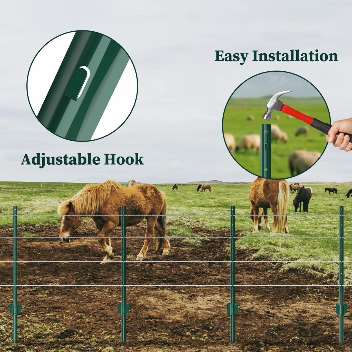 10 Pack Garden Fence Post, 5 Feet Heavy Duty Metal U-Post for Wire Fence, No Dig Garden Fence Stakes for Temporary Fencing, Electric Fence Wire, Corner Anchor, and More-Green MIWEVRO