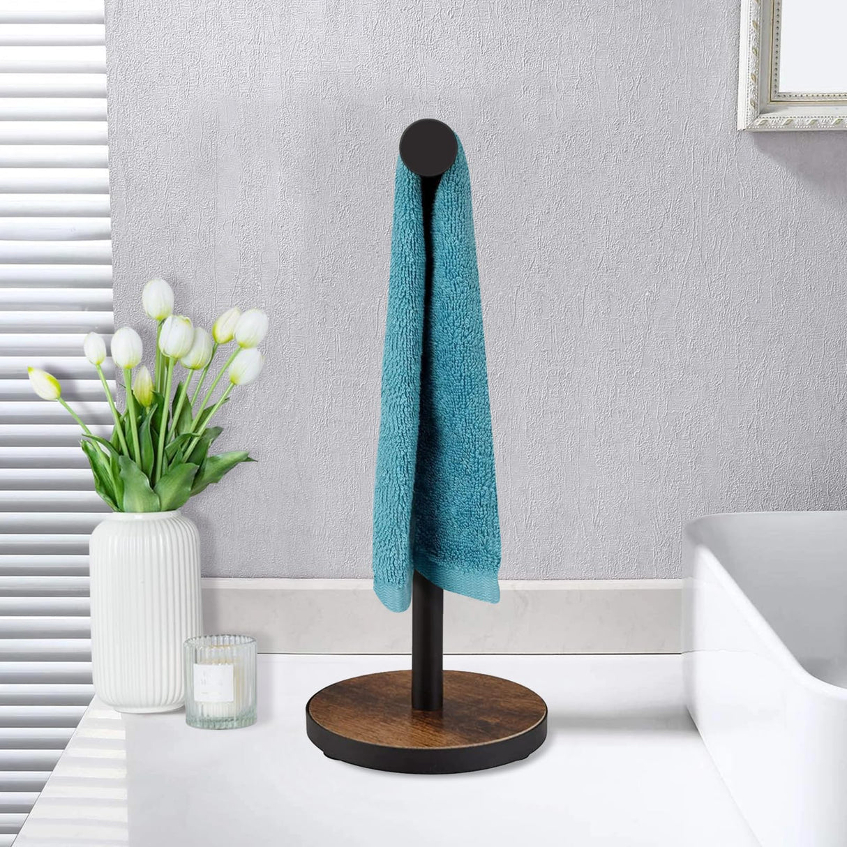 BCOZLUX Towel Holder Stand, Countertop Hand Towel Stand for Bathroom and Kitchen, Free Standing Counter Towel Rack with Weighted Wood Base, Rustic Black and Brown BCOZLUX