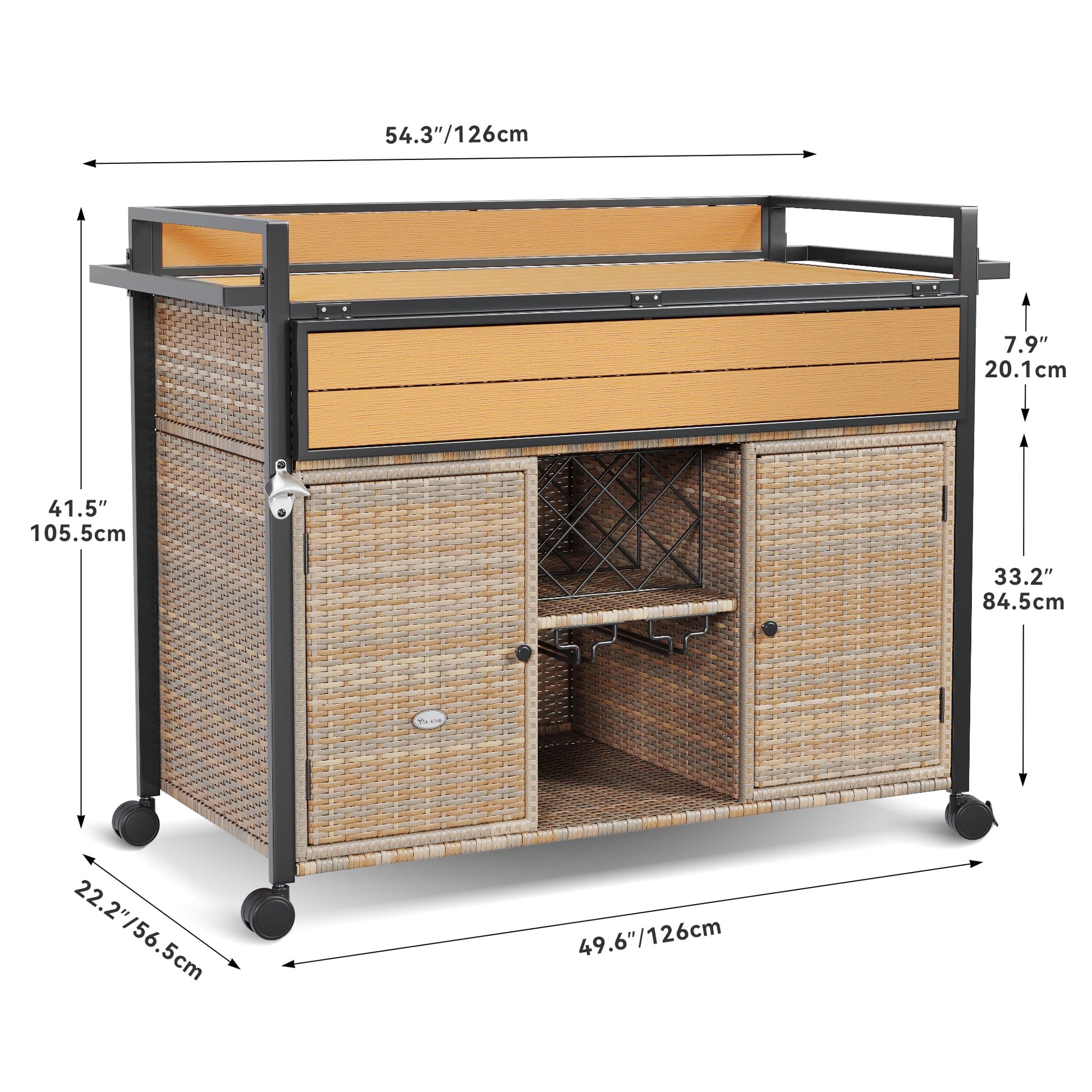 YITAHOME XL Rolling Outdoor Kitchen Cart with Wicker Storage and Expandable Table Top - Light Yellow Gradient - WoodArtSupply