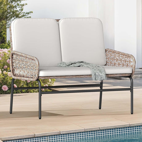 DWVO Outdoor Loveseat, All Weather Wicker Patio Sofa with Soft Cushions & High Back, Porch Furniture for Backyard, Balcony and Deck, Beige DWVO