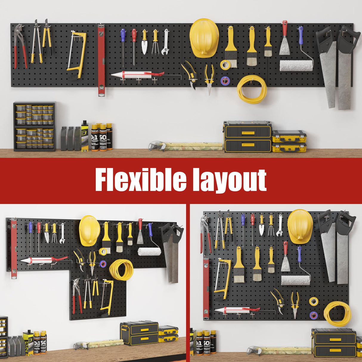 7S garage 4 Pack Metal Pegboard Panels with 50 Hooks, Black Pegboard Wall Organizer, Pegboard Accessories, Heavy Duty Garage Tool Storage System for Workbench, Workshop, Office, Craft Room 7S garage