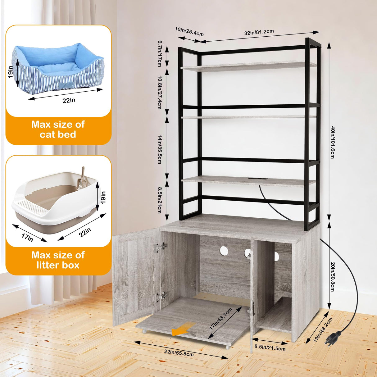 STMHOM 60 Inch Tall Cat Litter Box Enclosure Furniture with Shelves, Hidden Cat Litter Box Furniture 32" x 19" x 60", Wooden Litter Box Cabinet with Sockets and Pull Out Tray, Grey STMHOM